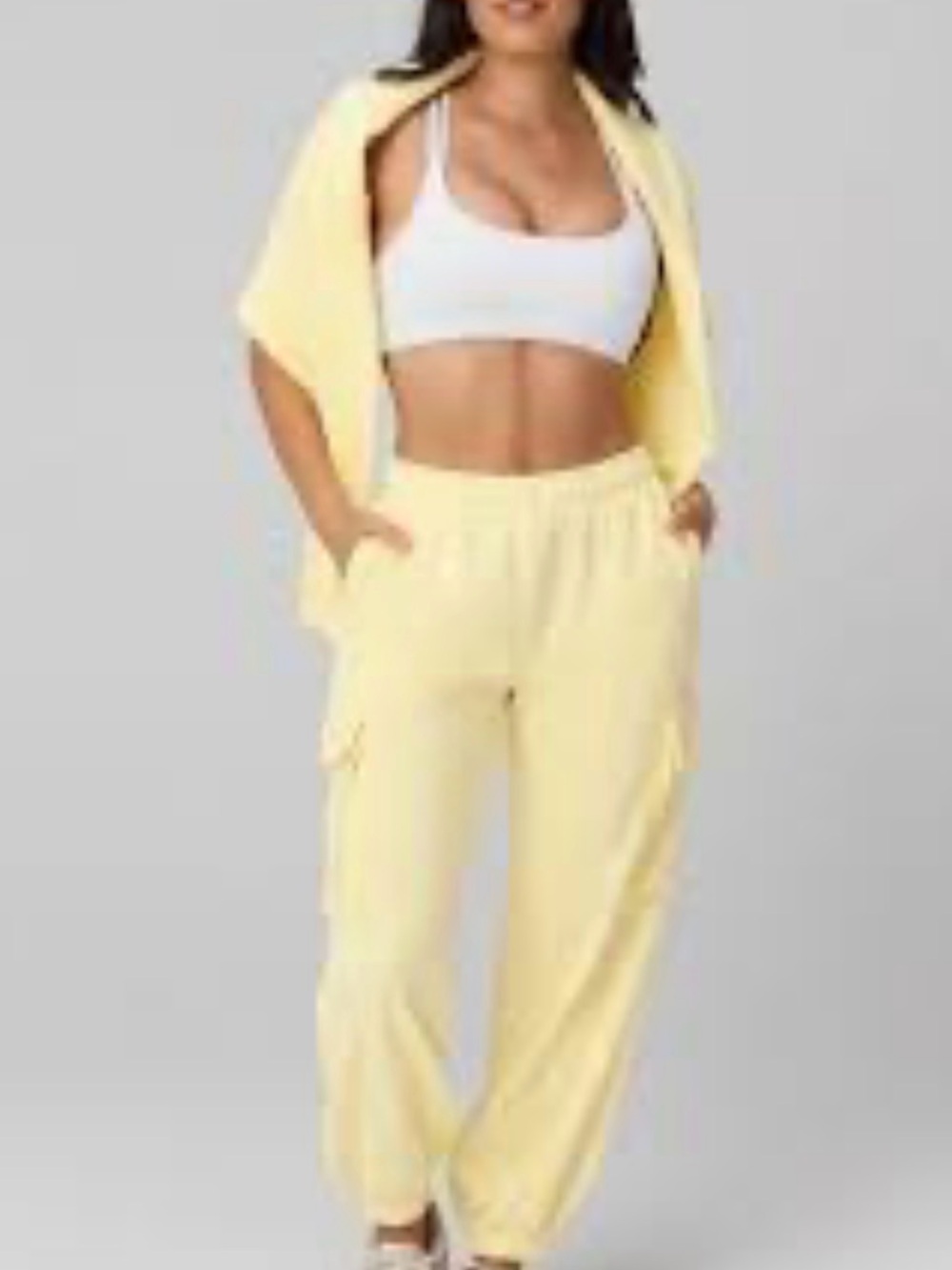 Fabletics Year Round Terry Cargo Jogger, Butter Yellow Drawstring, SZ. M, NWOT